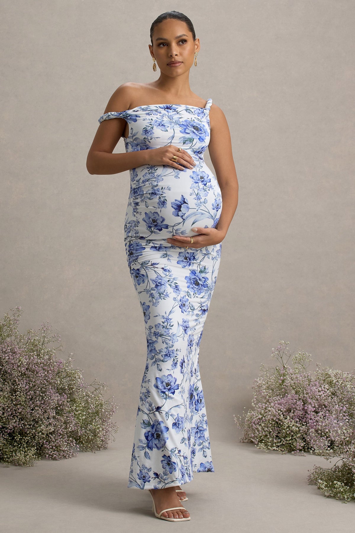 Lita | Blue Floral Print Twisted Asymmetric Maternity Maxi Dress