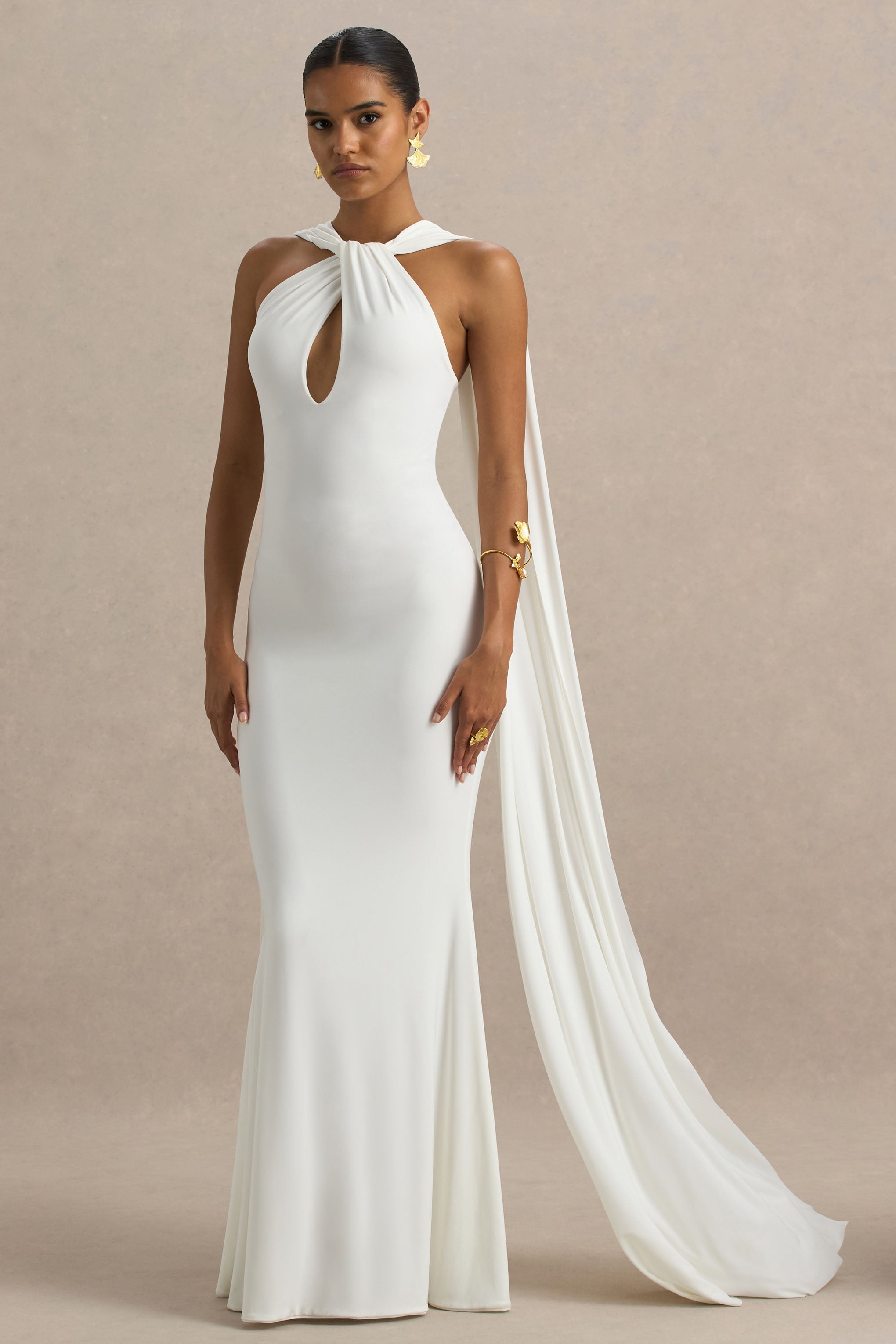 Rhoda | White Twist Halter-Neck Cape Maxi Dress