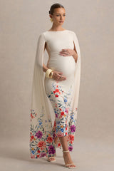 Providence | Light Pink Floral Print Boat-Neck Maternity Midi Dress With Cape Sleeves