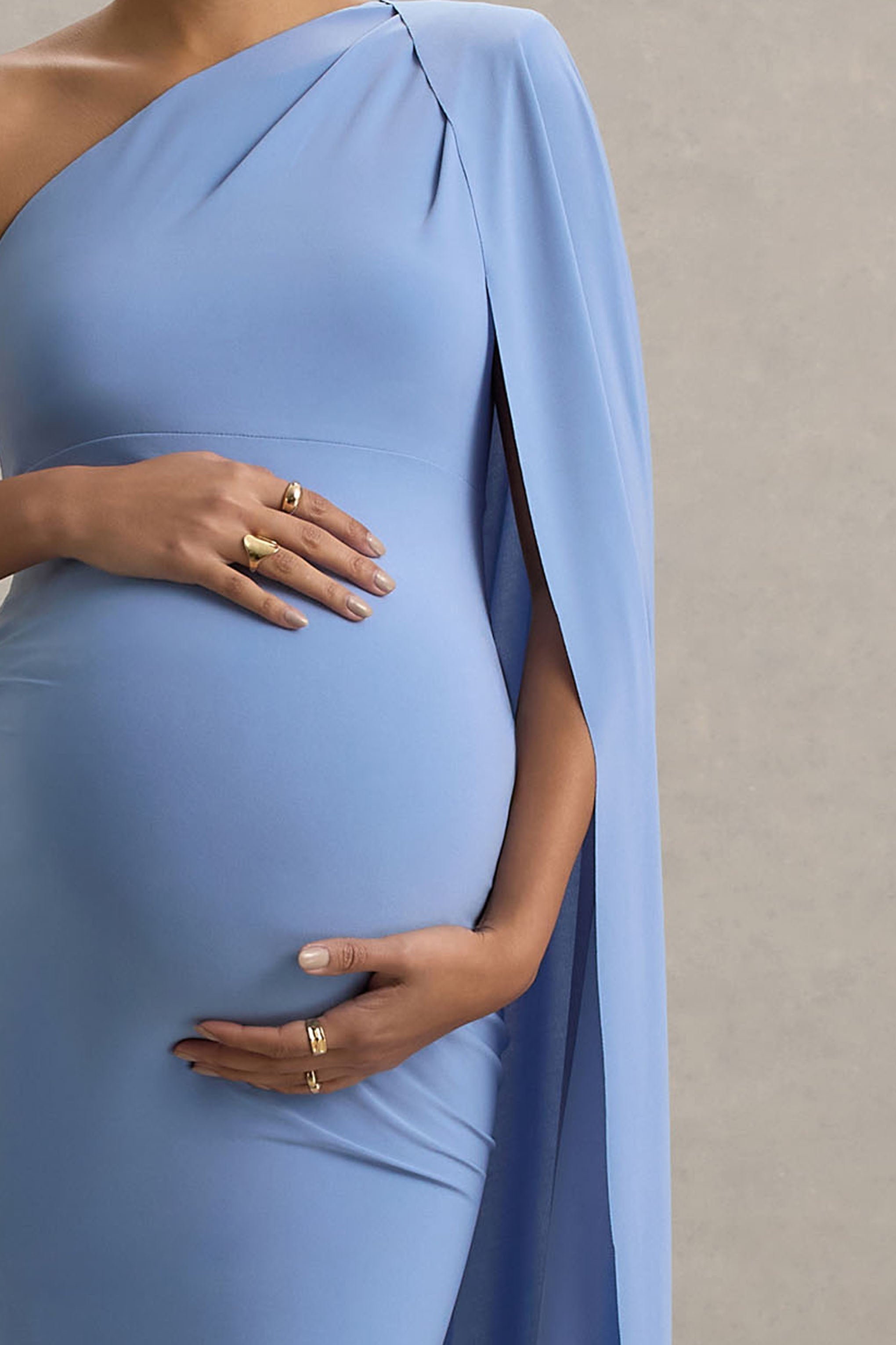 Amaryllis | Powder Blue Maternity One Shoulder Maxi Dress with Cape Sleeve