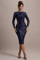 Ishana | Navy Sequin Long-Sleeve Midi Dress