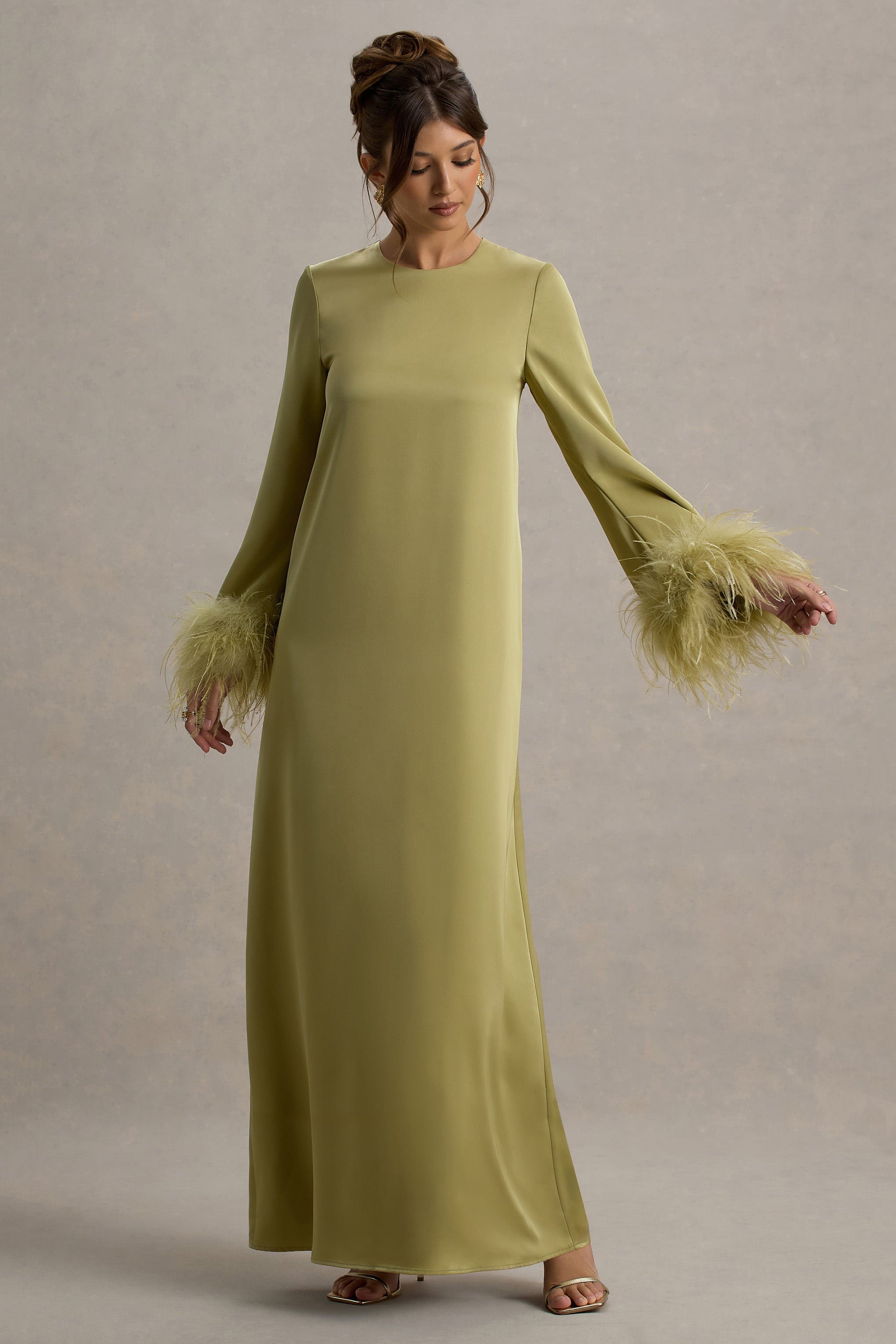 Adella | Light Green Satin Feather-Trim Maxi Dress
