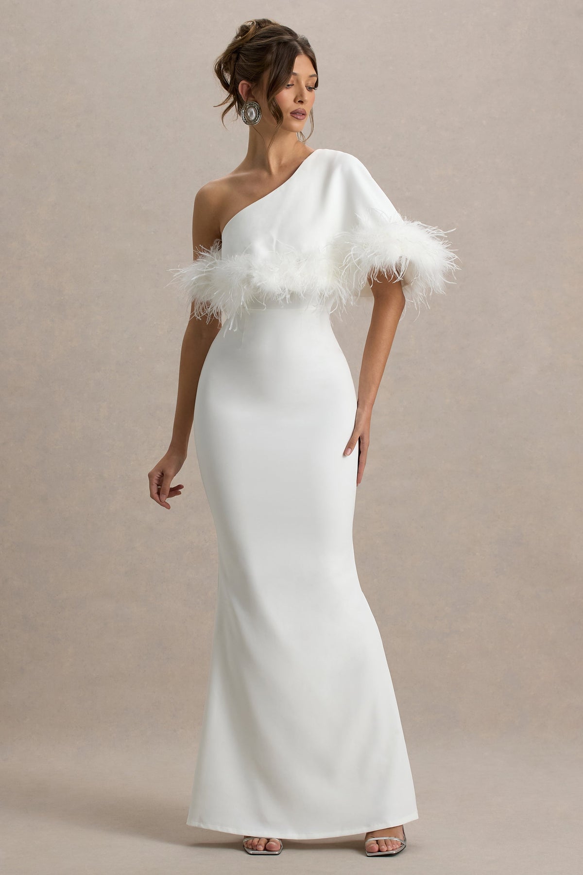 Valor | White Asymmetric Maxi Dress With Feather Trim