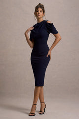Dorothea | Navy Draped Midi Dress With Cape