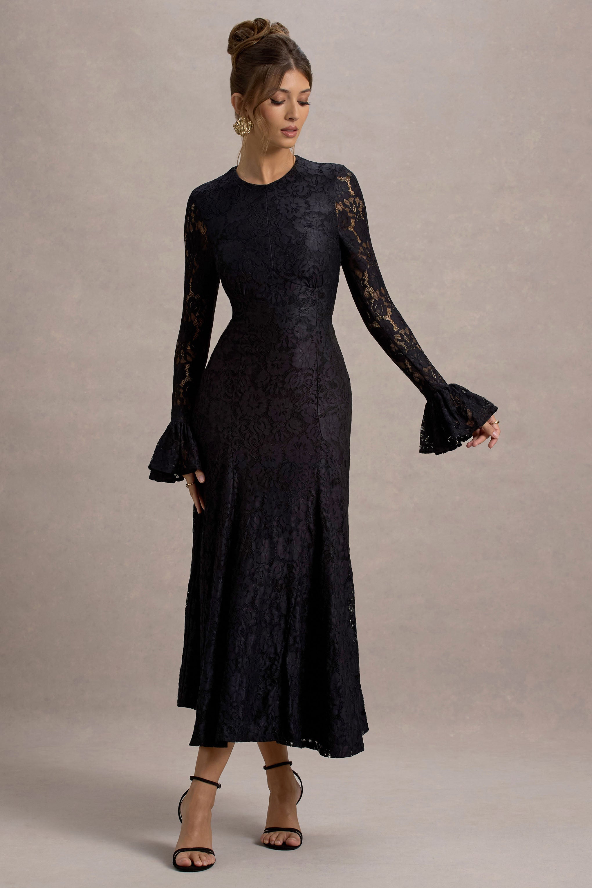 For Life | Black Lace Long-Sleeve Midi Dress