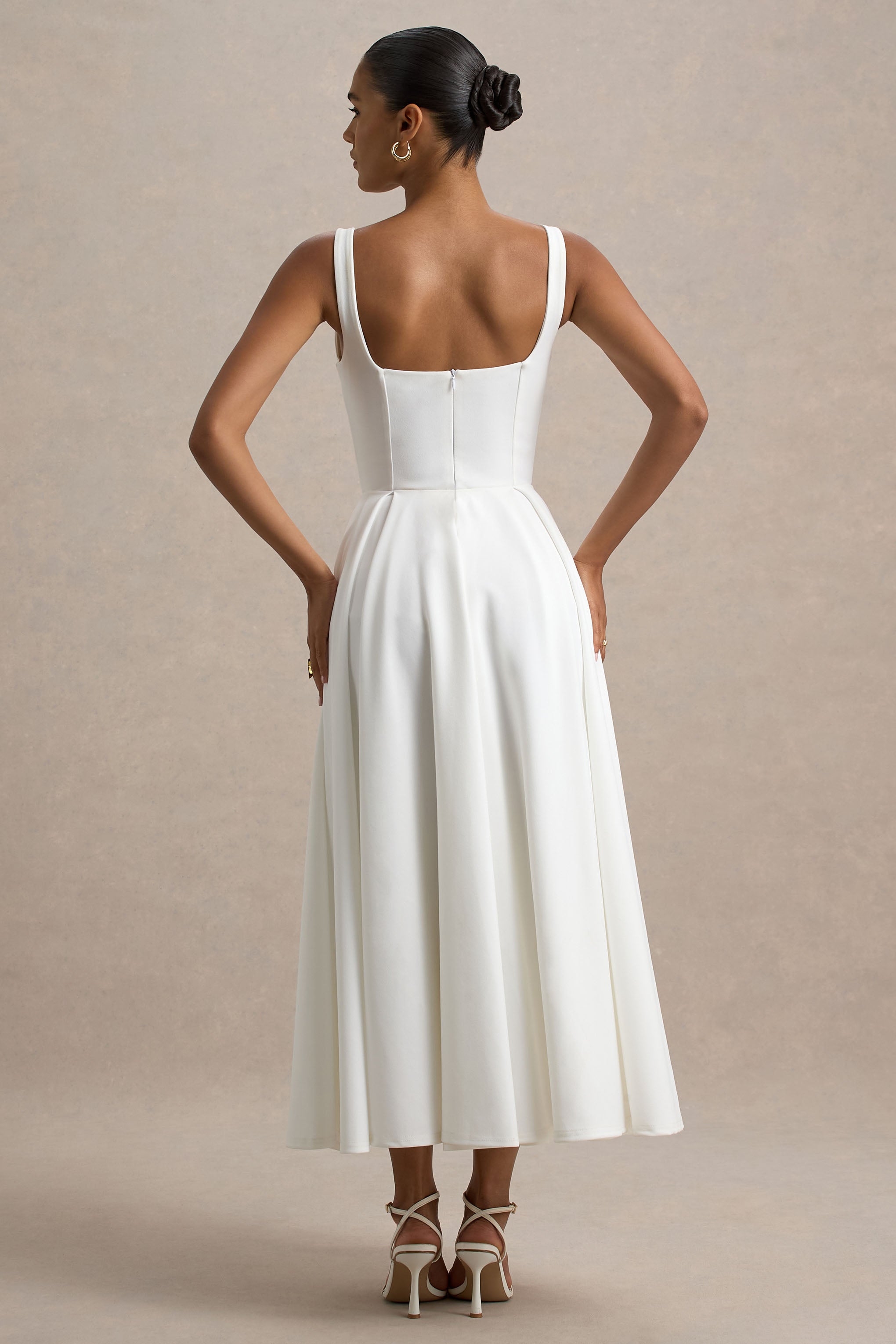 Parina | White Strappy Volume-Hem Midi Dress