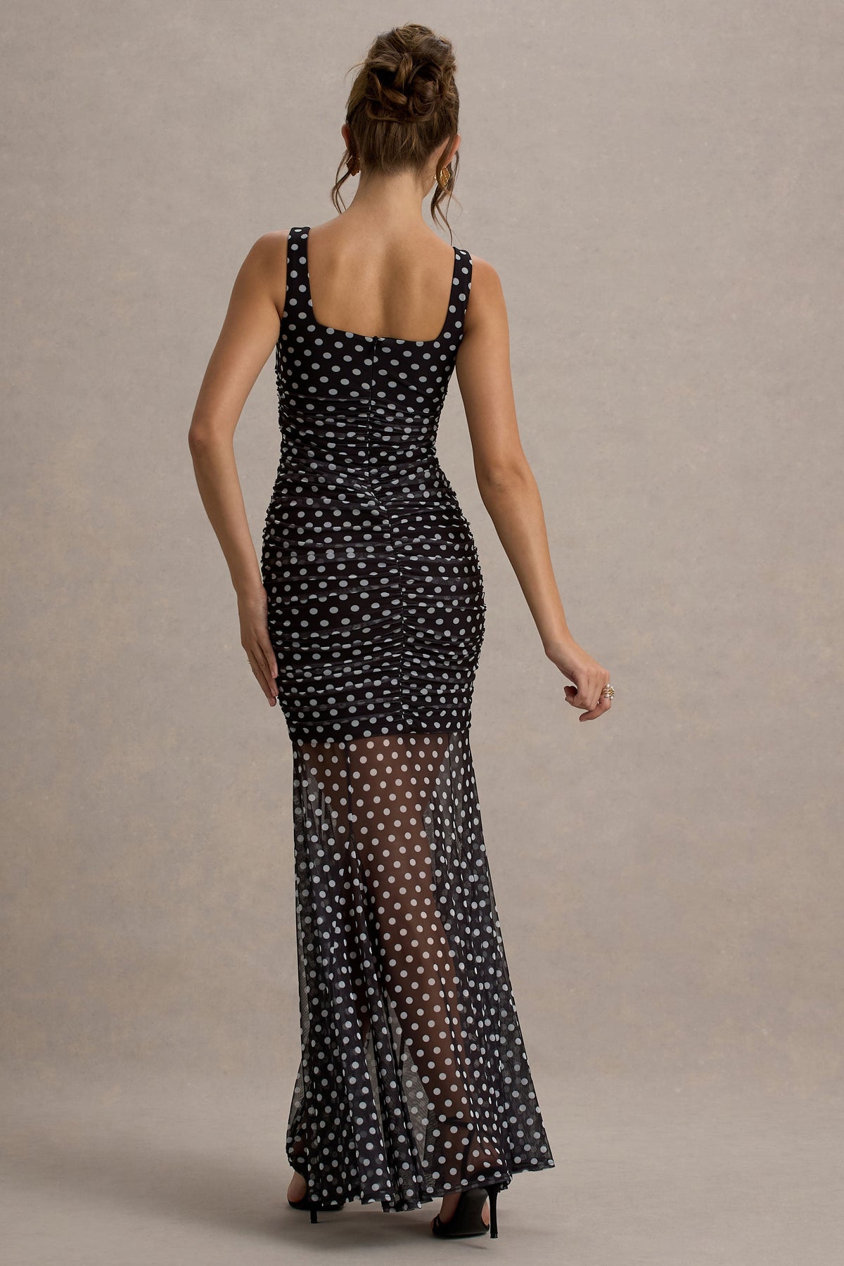 Galaxia | Black & White Polka Dot Maxi Dress With Mesh Skirt