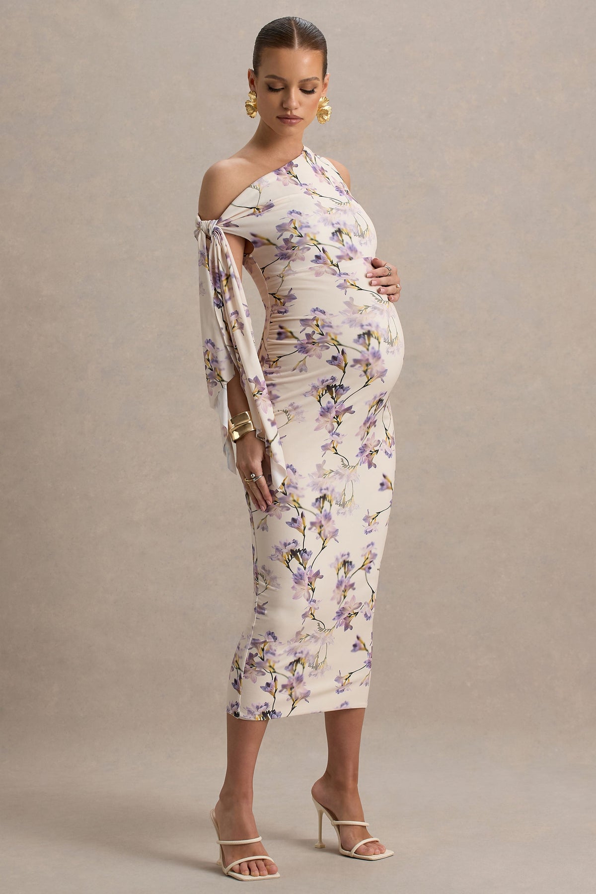 Katarine | Peach Floral Print Asymmetric Knot Maternity Midi Dress