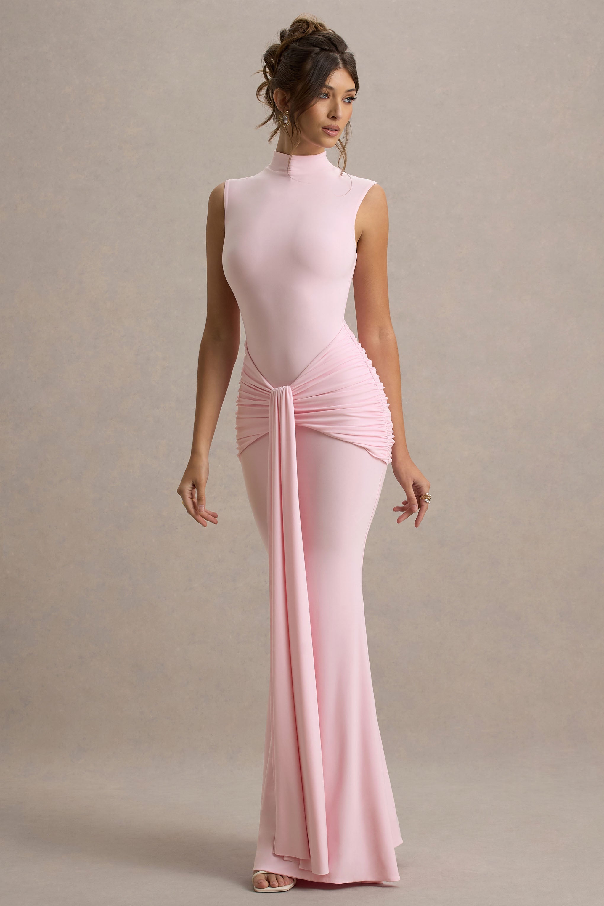 Graziana | Pink High-Neck Gathered Draped Maxi Dress