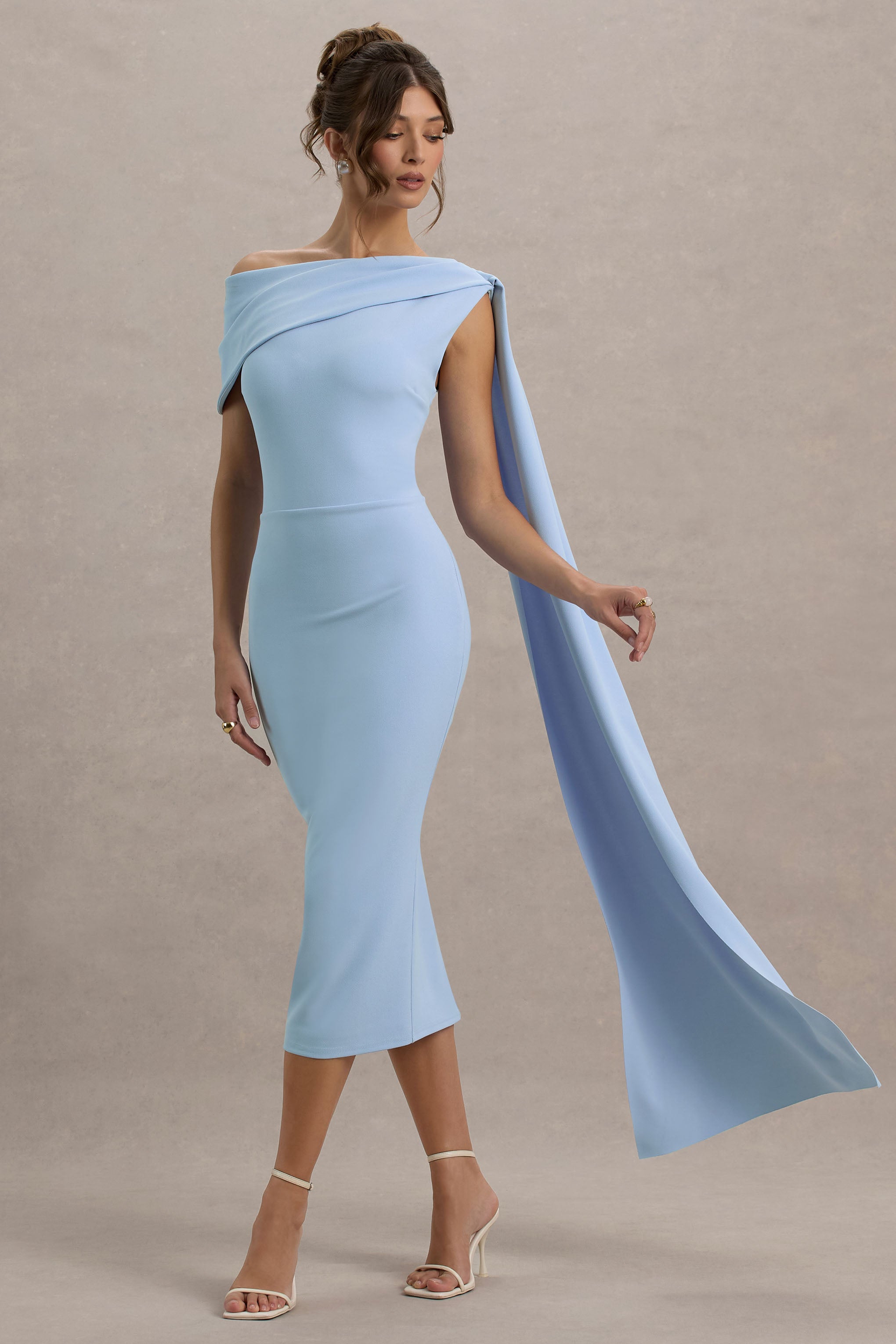 Niamh | Powder Blue Asymmetric Midi Dress With Drape