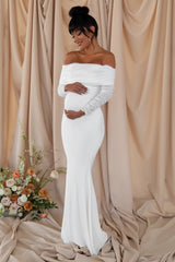 Pretty Perfect | White Maternity Ruched Mesh Bardot Maxi Dress