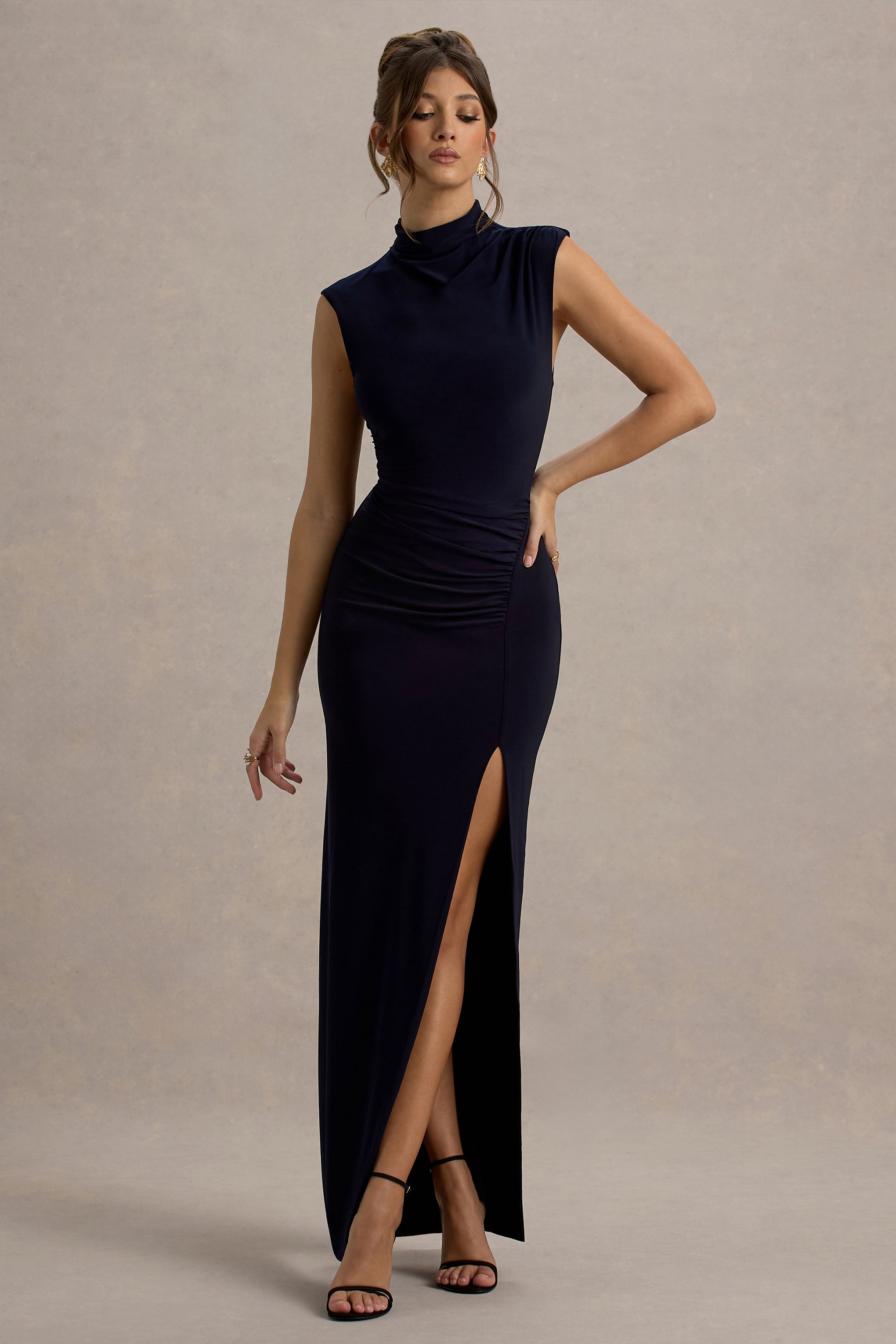Lanetta | Navy Ruched High-Neck Maxi Dress With Split