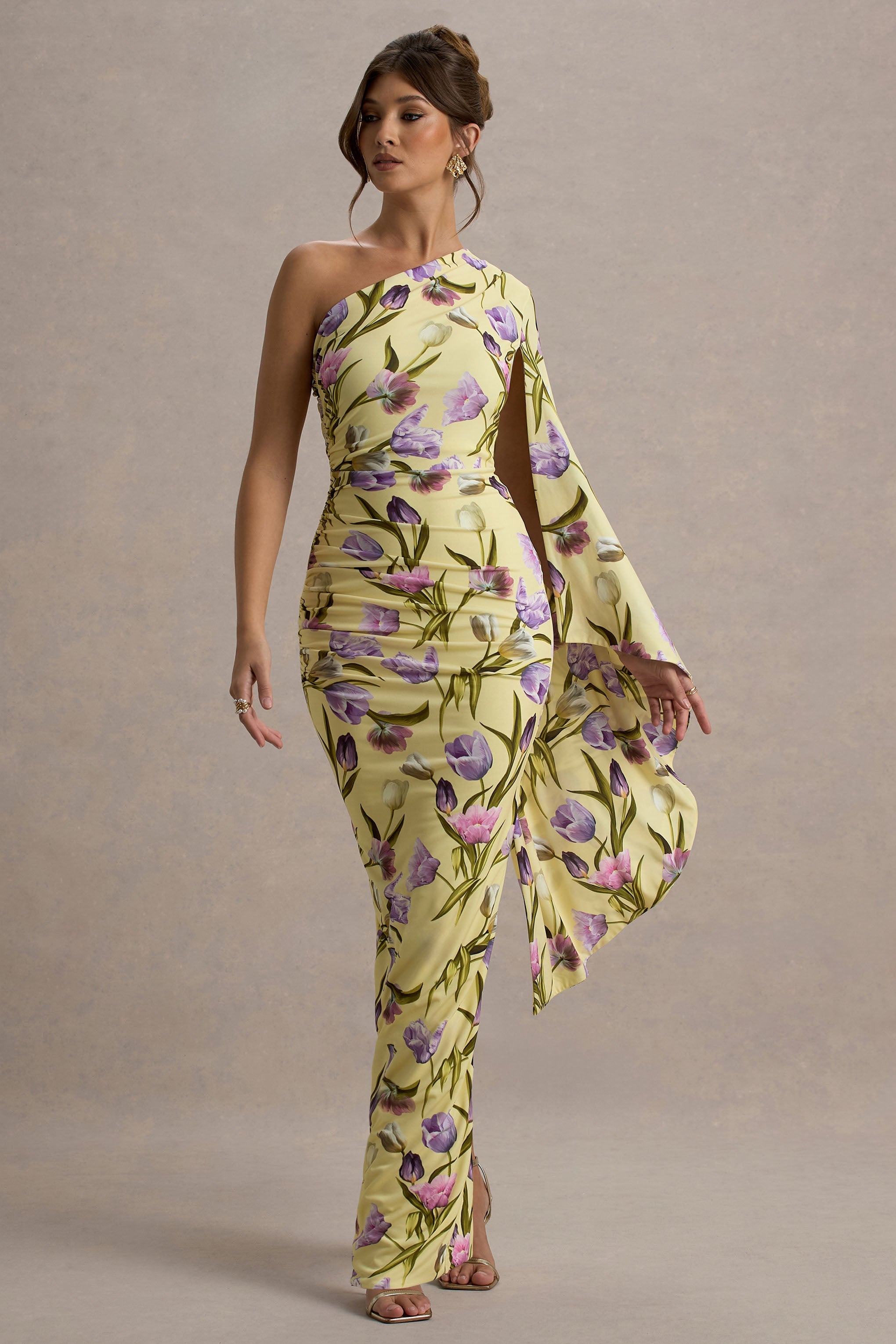 Clementina | Tulip Floral Print Asymmetric Cape Sleeve Maxi Dress