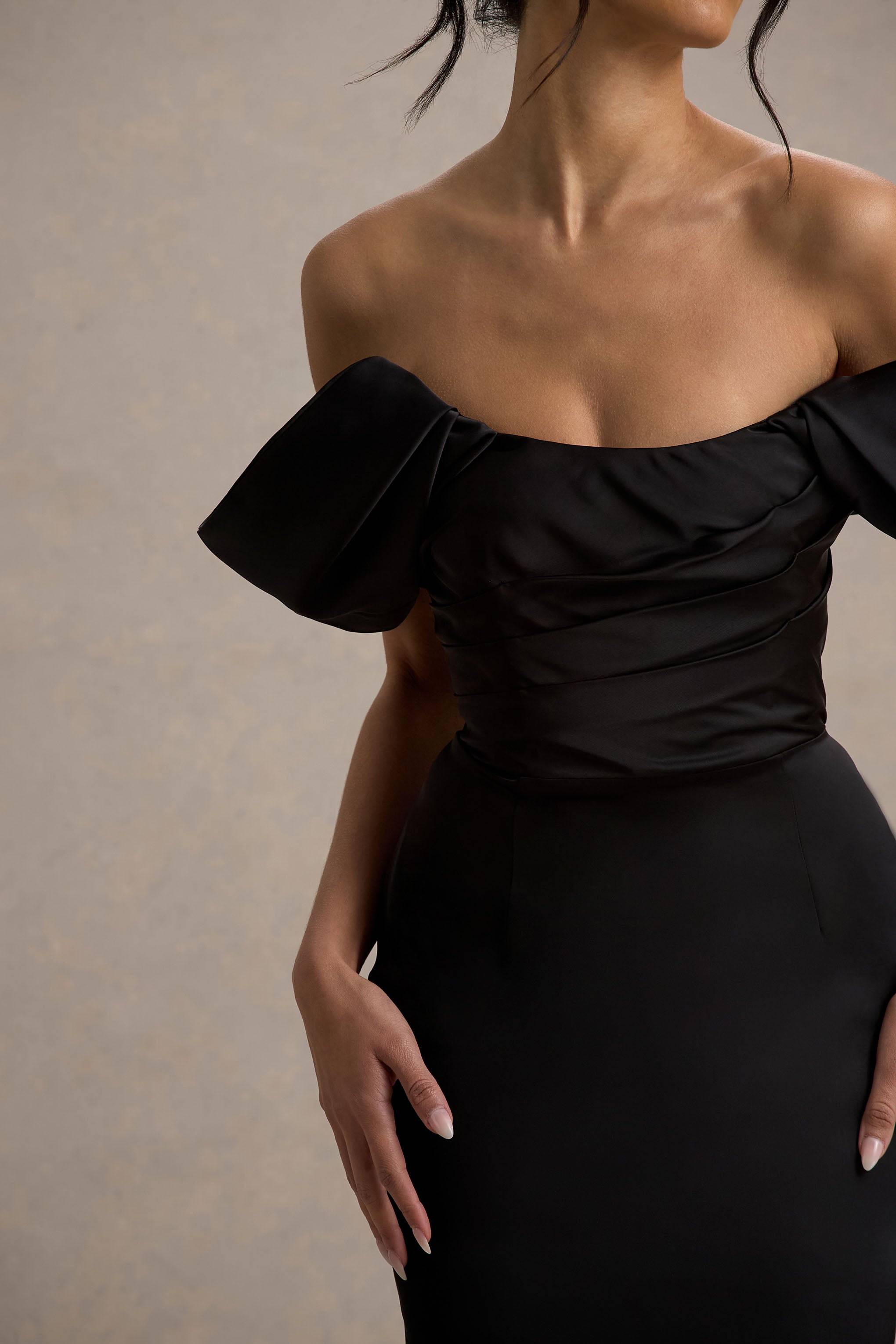 Annita | Black Satin Bardot Maxi Dress