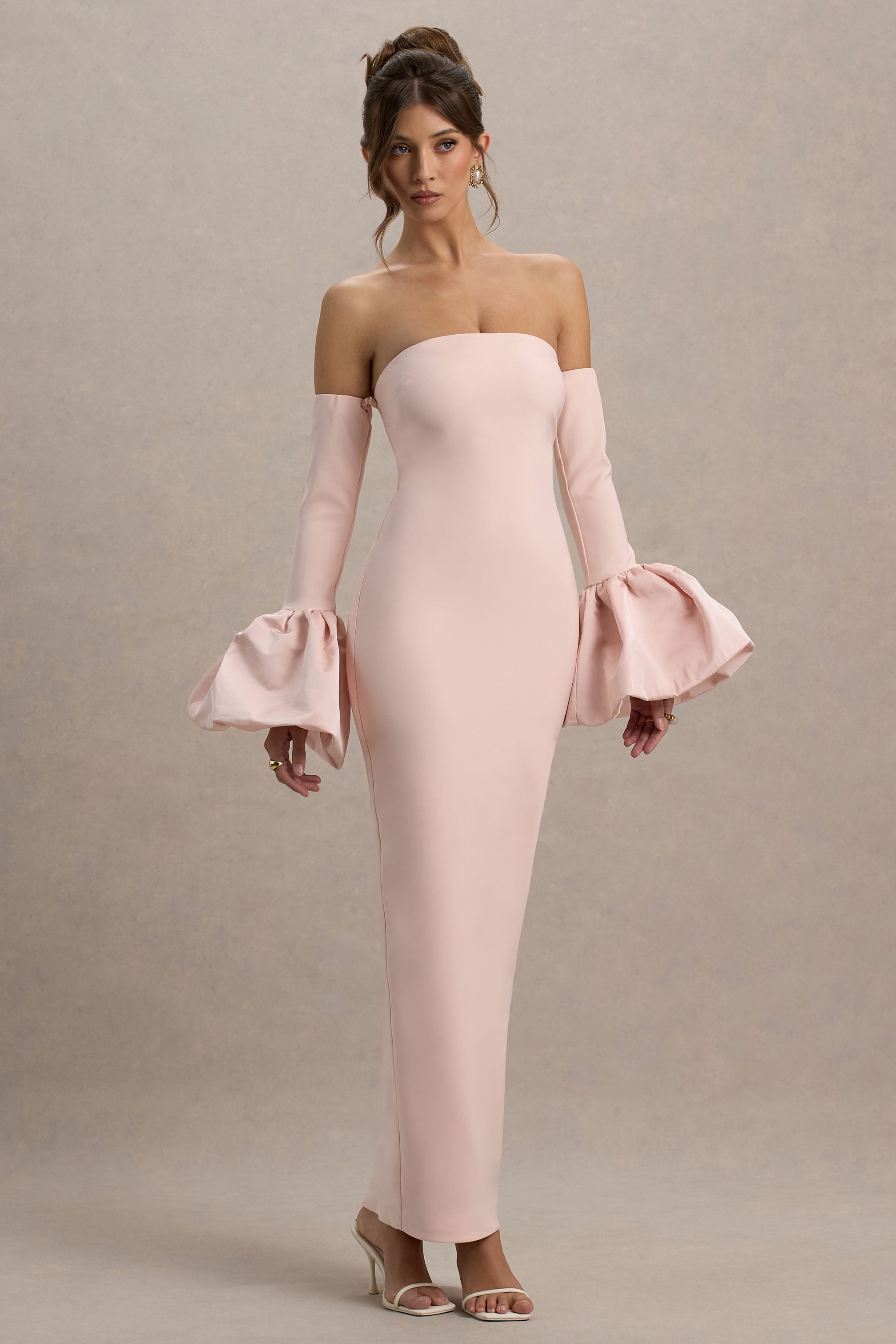 Myah | Pink Bandeau Long-Sleeve Maxi Dress With Puff Cuffs