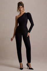 San Jose | Black One-Shoulder Puff-Sleeve Jumpsuit