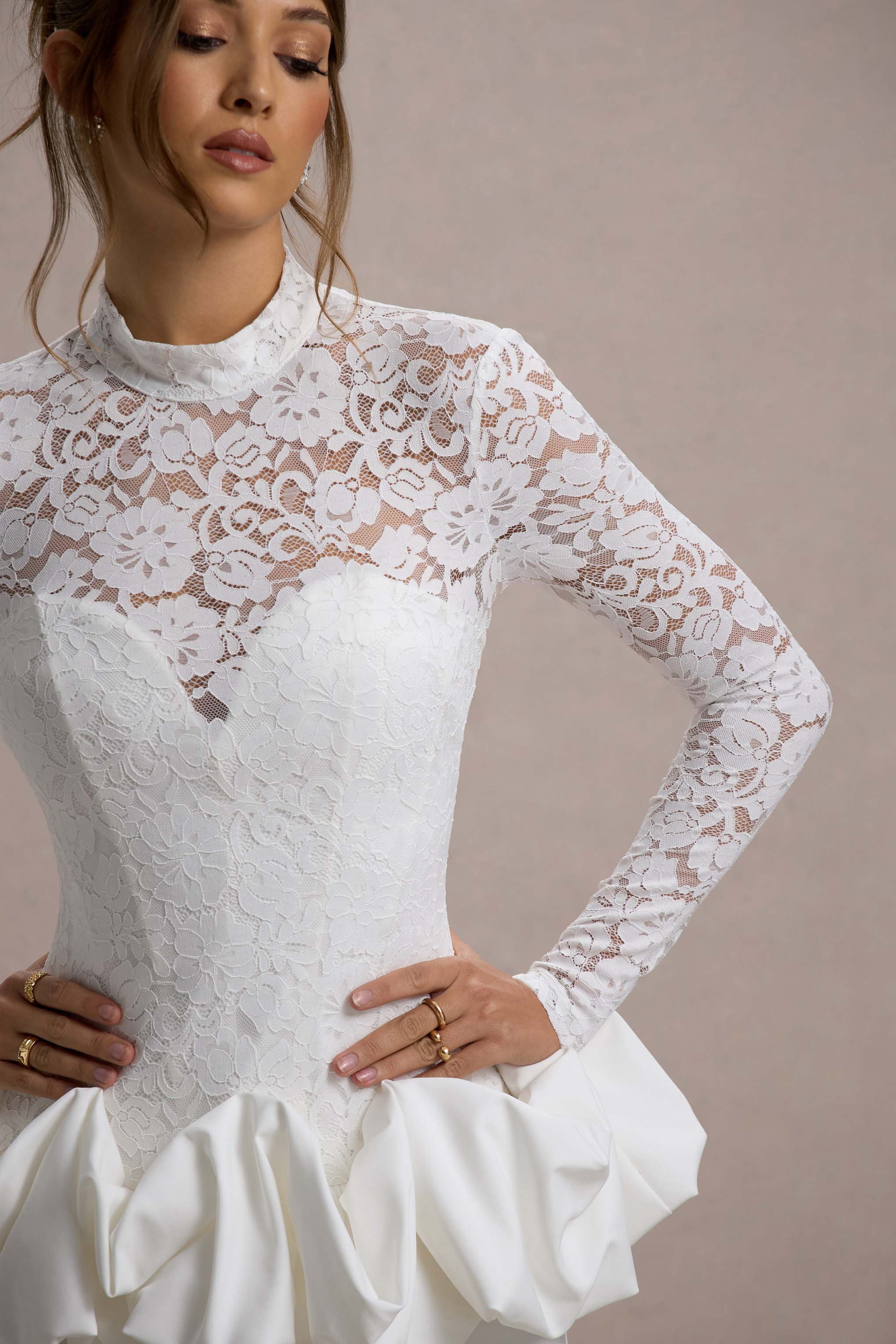 Antheia | White Lace Long-Sleeve Peplum Mini Dress