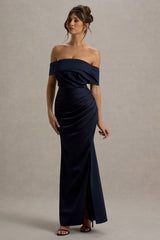 Martine | Navy Satin Bardot Wrap Maxi Dress