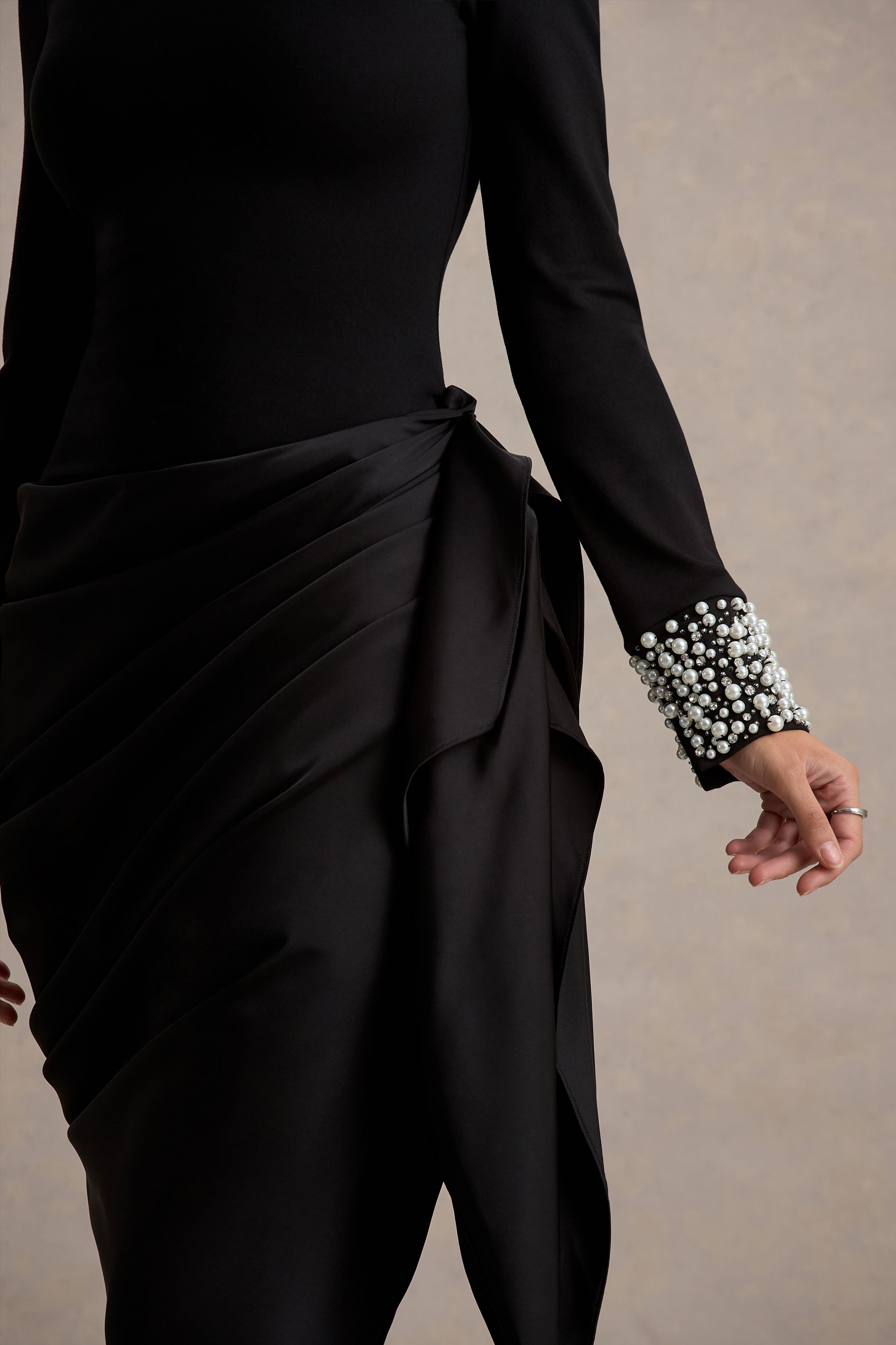 Luanna | Black Satin Long-Sleeve Midi Dress With Draped Skirt