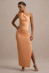 Janette | Peach Satin One-Shoulder Split Maxi Dress With Corsage