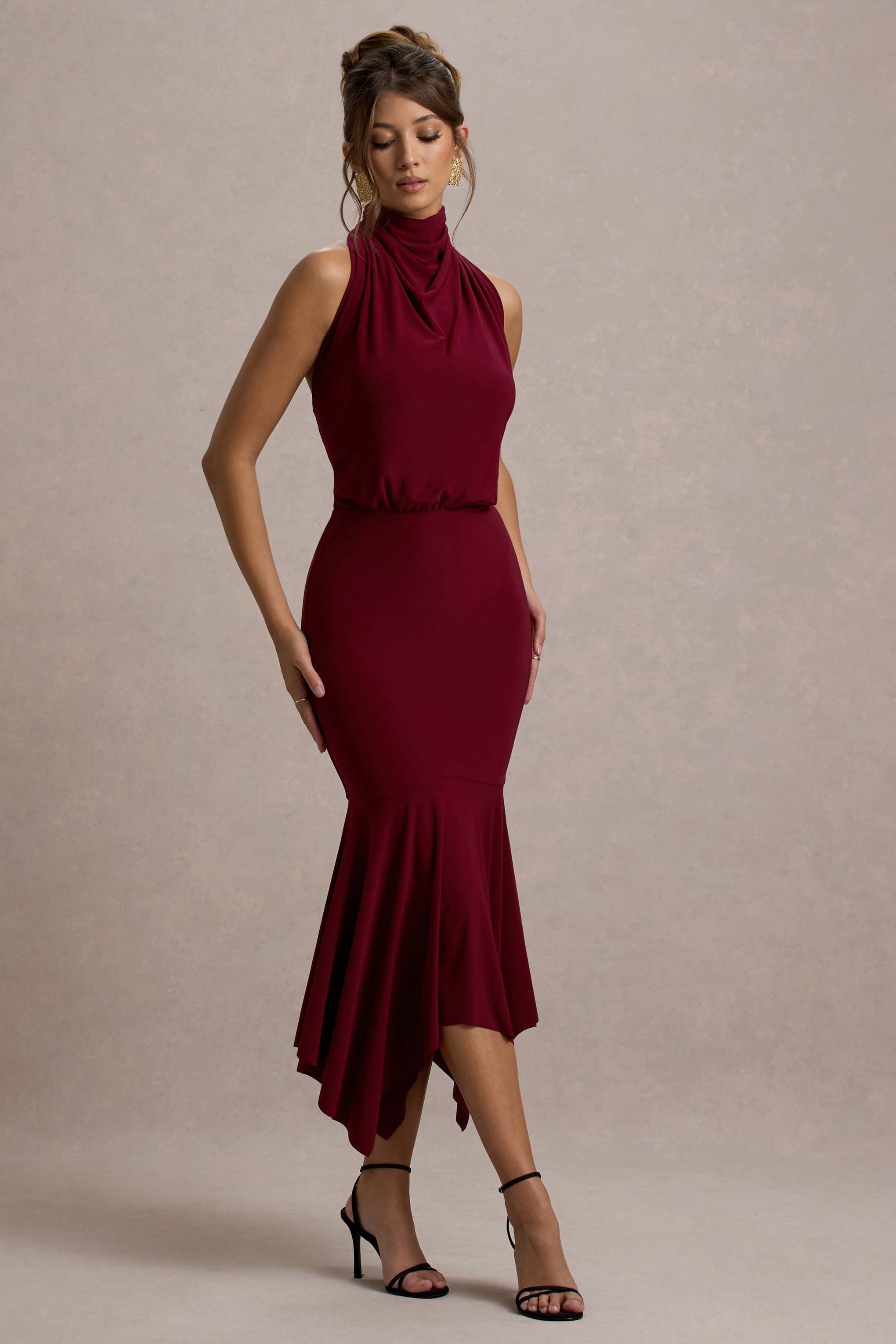 Prianyka | Berry High-Neck Draped Midi Dress