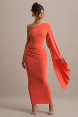 Clementina | Orange Asymmetric Cape Sleeve Maxi Dress