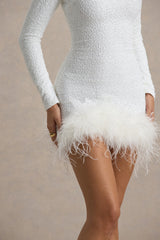 Claudia | White Sequin High Neck Feather Hem Mini Dress With Long Sleeves
