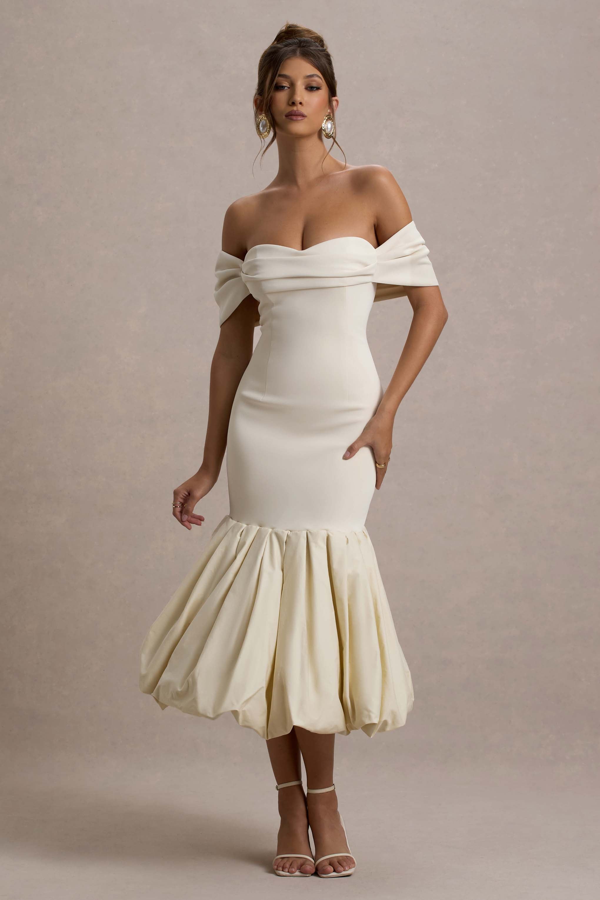 Posie | Stone Bardot Midi Dress With Puffball Hem