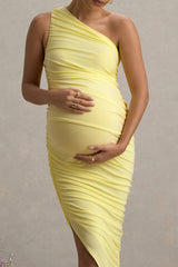 Late Night | Lemon Maternity Ruched One Shoulder Midi Dress