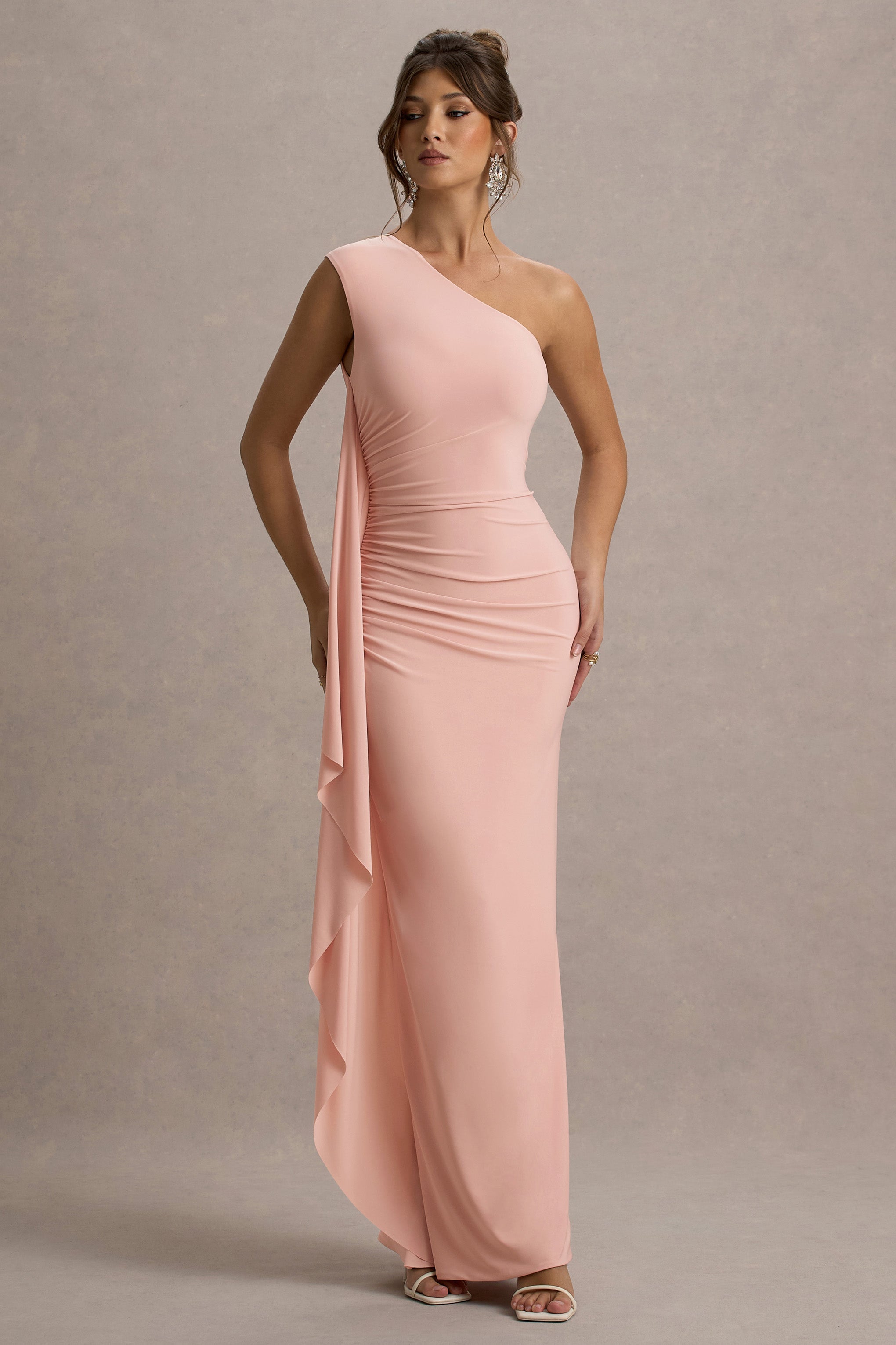 Adelina | Pink One-Shoulder Maxi Dress With Drape