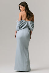 Serene | Powder Blue Draped Bardot Maxi Dress