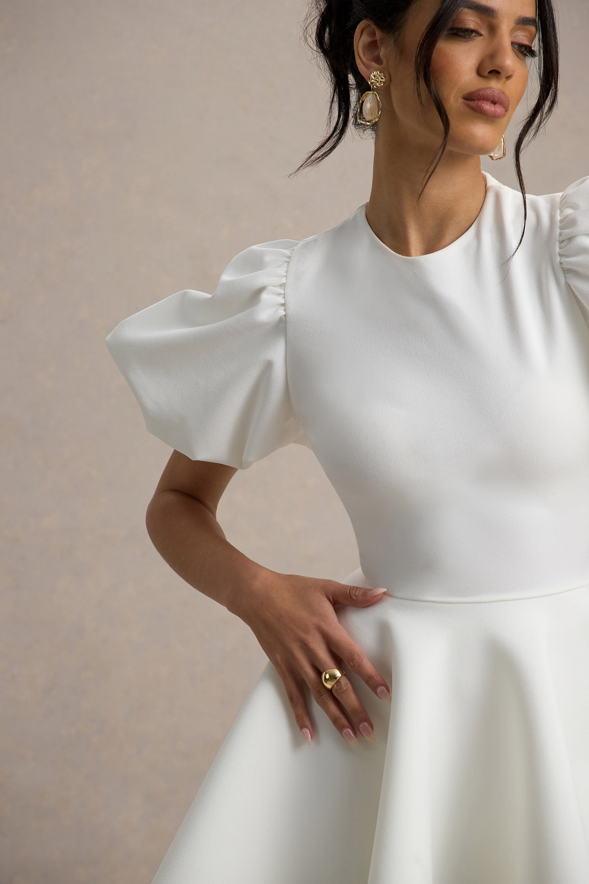 Emelia | White Puff-Sleeve Skater Mini Dress