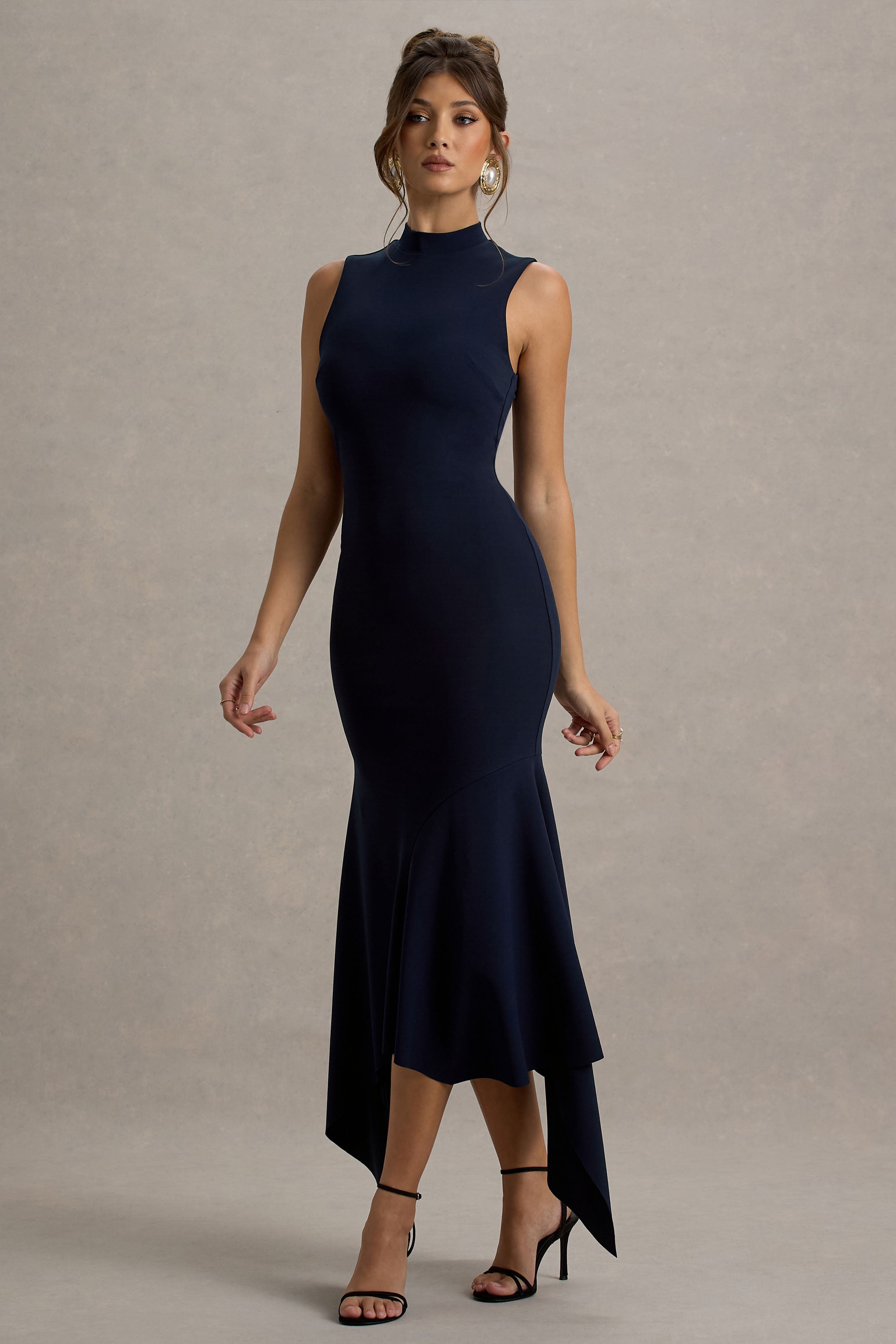 Janice | Navy High-Neck Hanky-Hem Maxi Dress