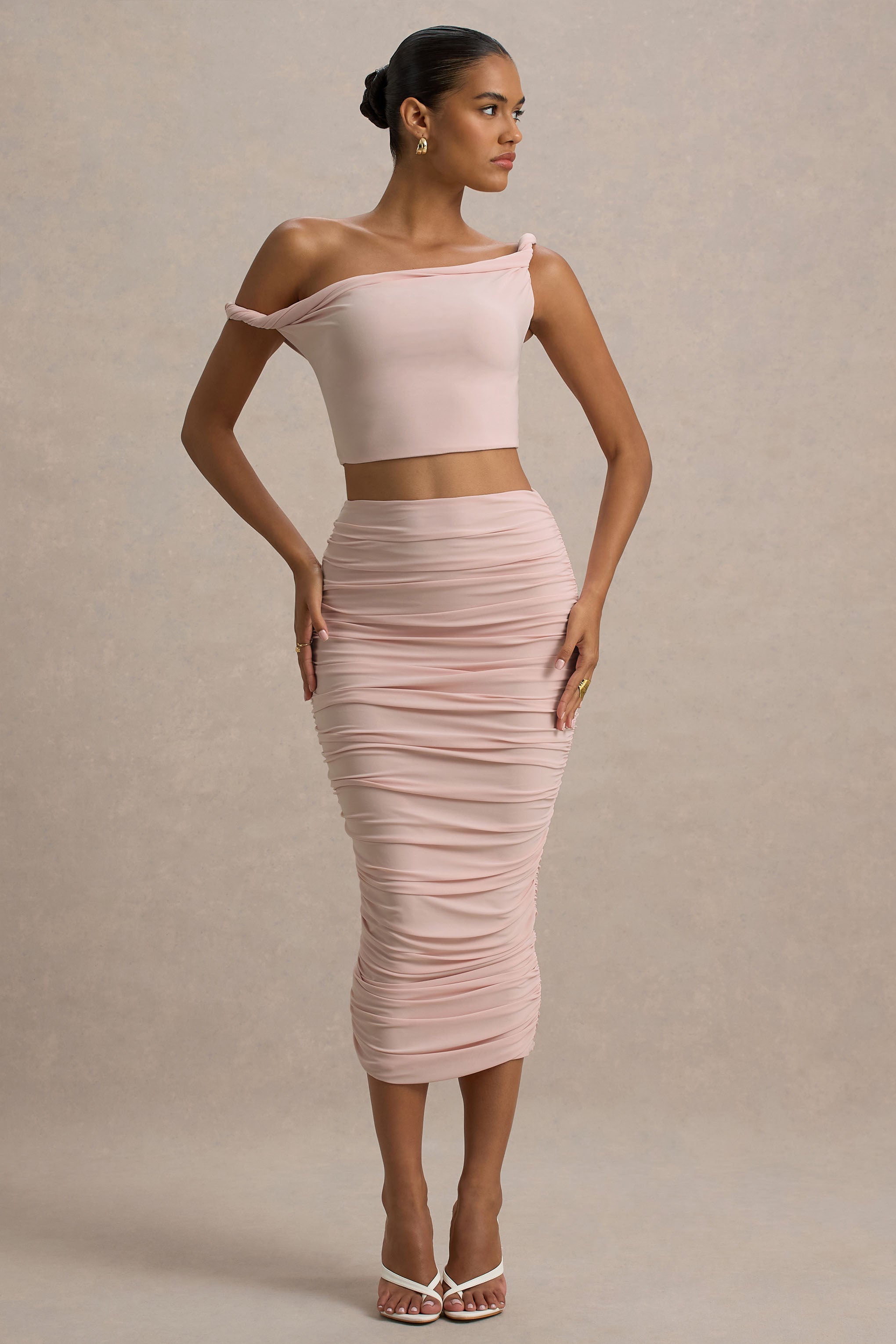 Lively | Light Pink Ruched Midi Skirt