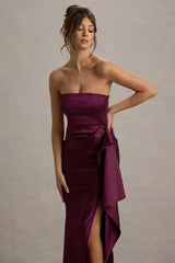 Loz | Burgundy Satin Bandeau Draped Maxi Dress