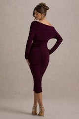 Sinclair | Plum Ruched One-Shoulder Bodycon Midi Dress