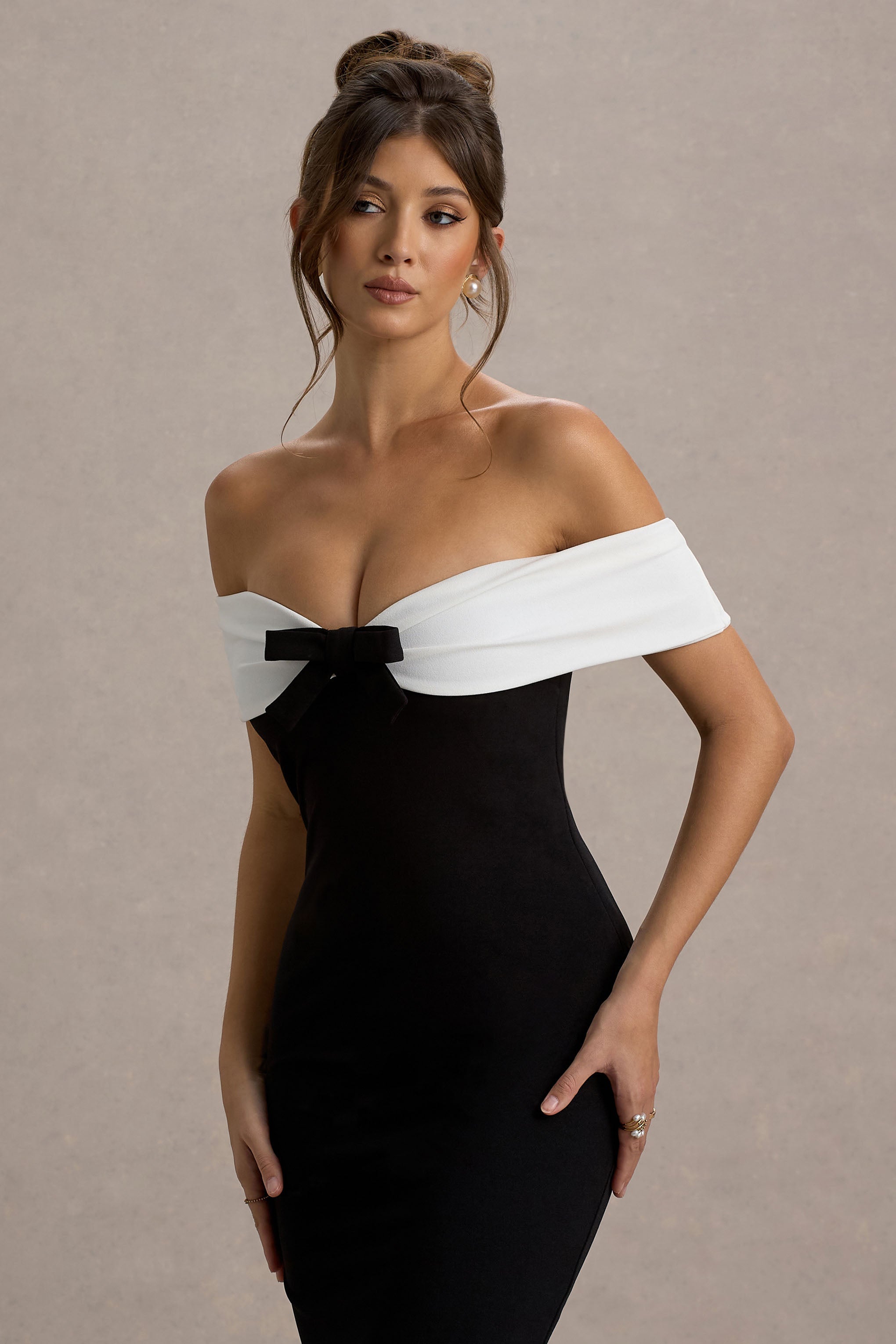 Corola | Black & White Bardot Volume-Hem Midi Dress