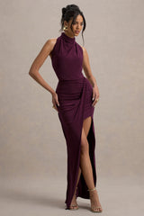 Hayden | Burgundy High-Neck Draped Split Maxi Dress