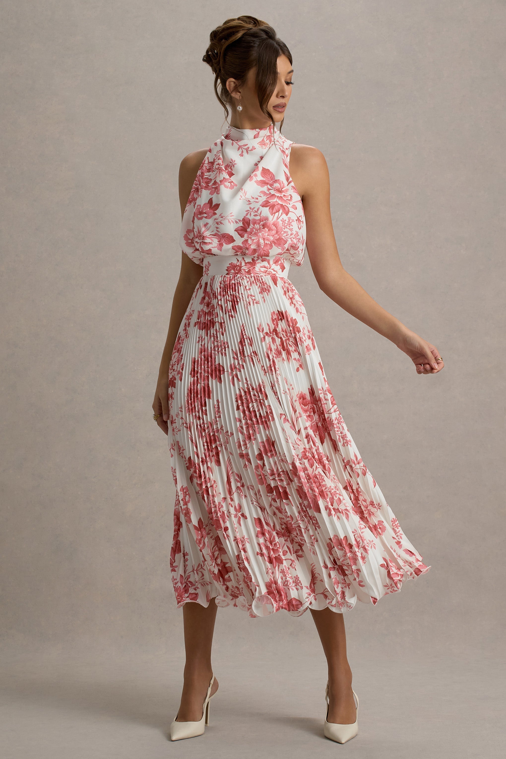 Nila | Pink Porcelain Print Cowl-Neck Midi Dress With Plisse Skirt