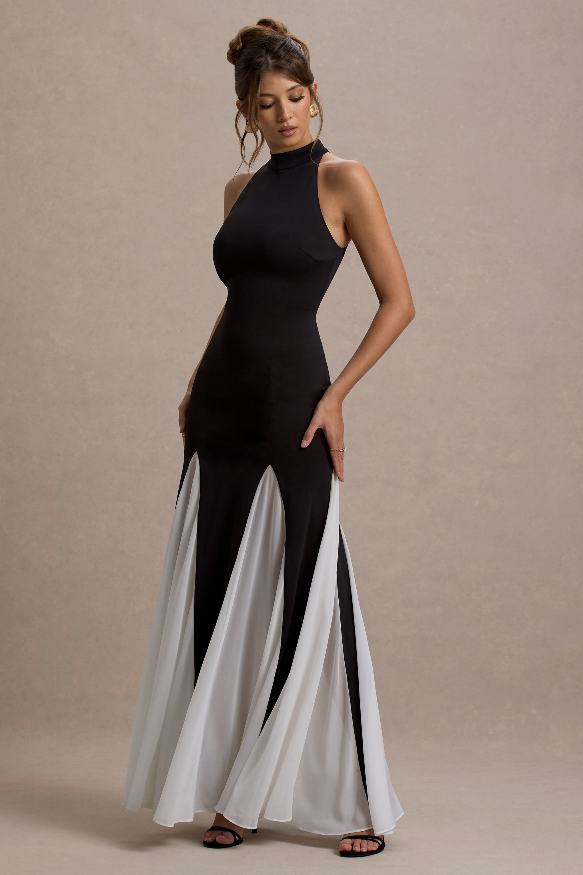 Litzy | Black High-Neck Maxi Dress With White Chiffon Trim