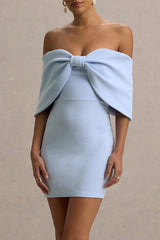 Sadie | Powder Blue Bow Bardot Mini Dress