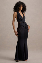 Amazonie | Black Plunge-Neck Twisted Maxi Dress With Mesh Panels