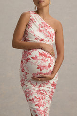 Late Night | Pink Floral Print Maternity Ruched One Shoulder Midi Dress