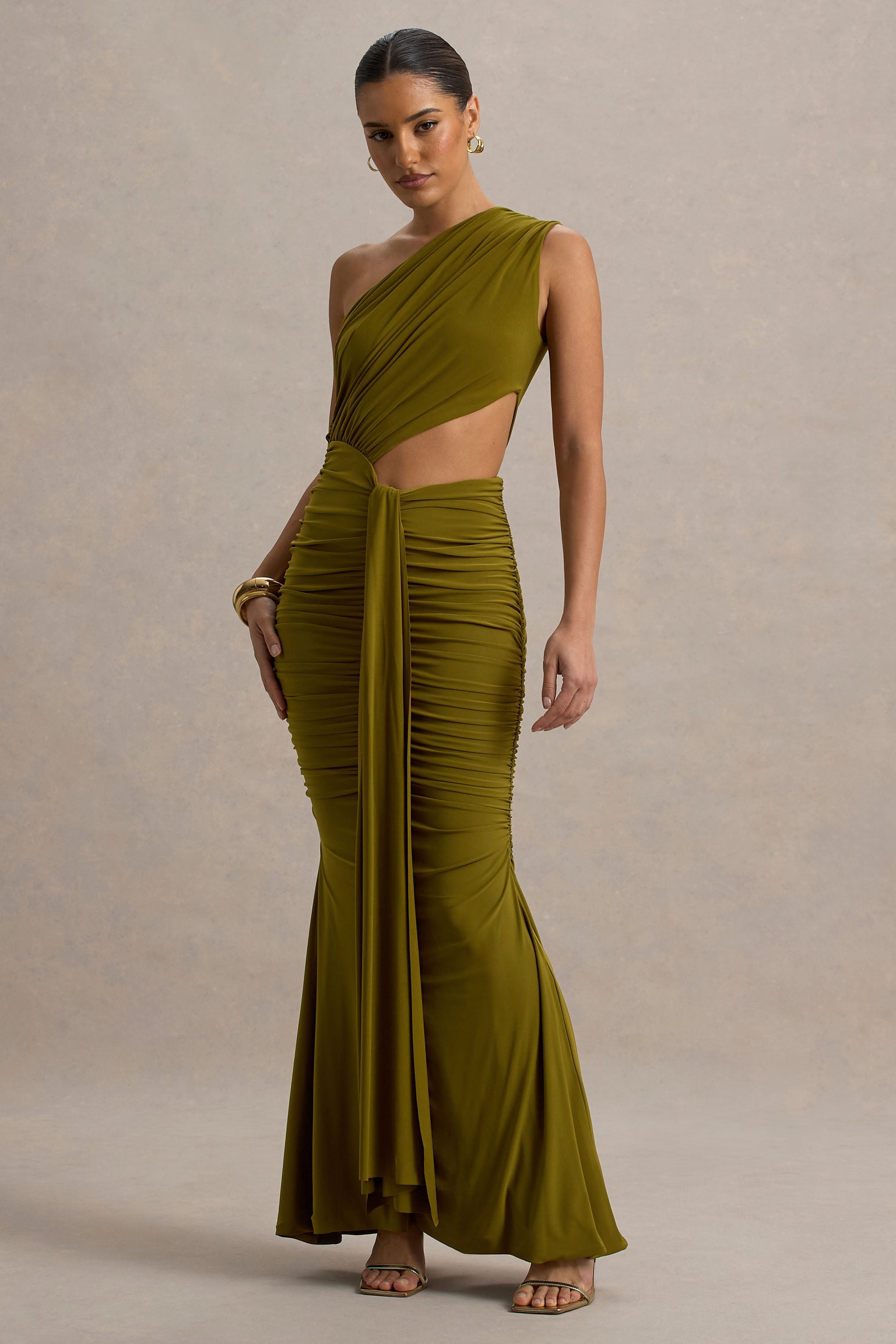 Beline | Green One-Shoulder Cut-Out Maxi Dress With Drape