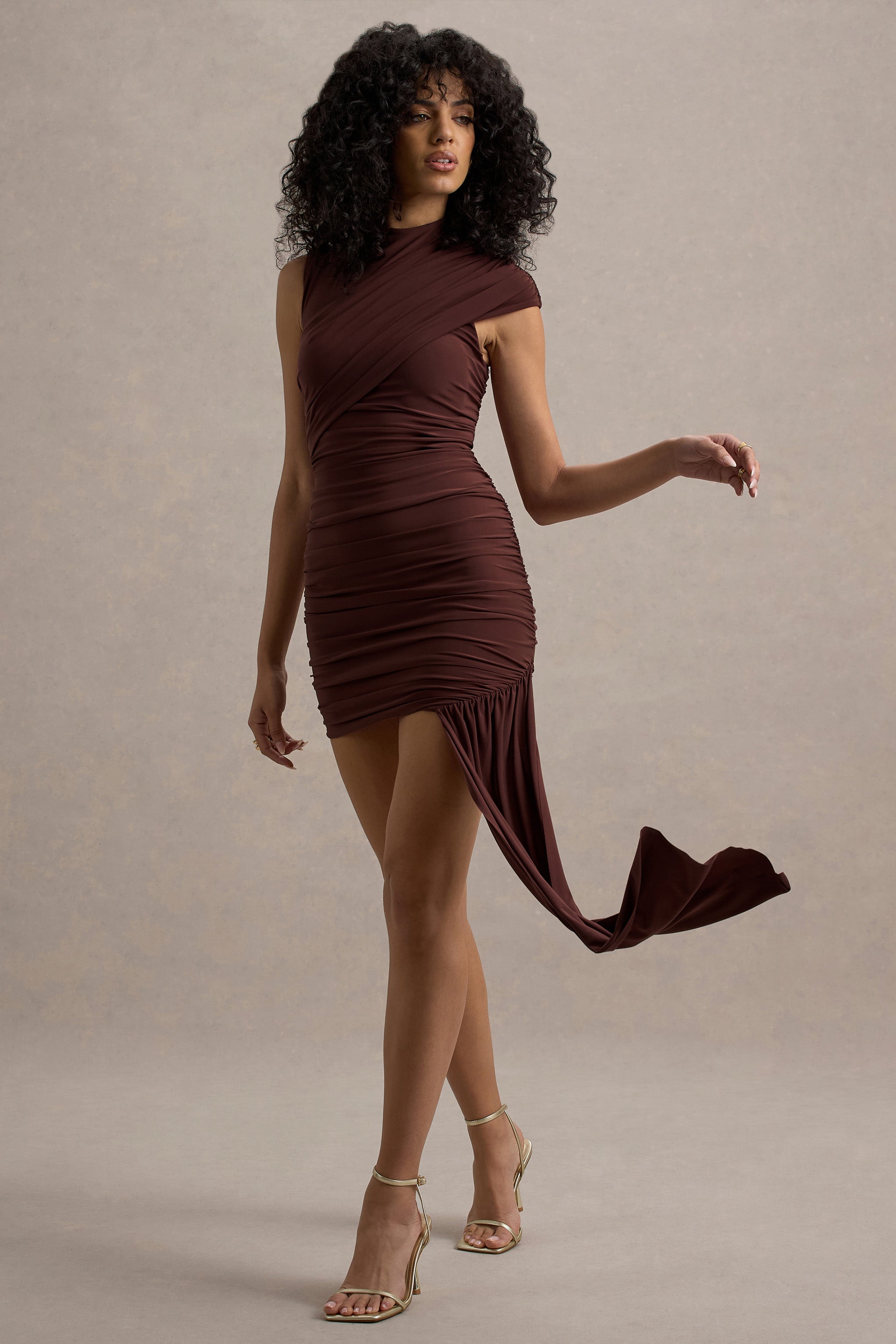 Nocturnal | Brown Ruched Mini Dress With Sash