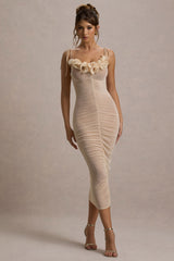 Jesi | Cream Mesh Ruched Midi Dress With Ruffles