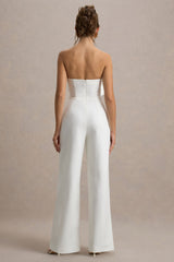 Opia | White Bandeau Wide-Leg Jumpsuit With Large Floral Corsage