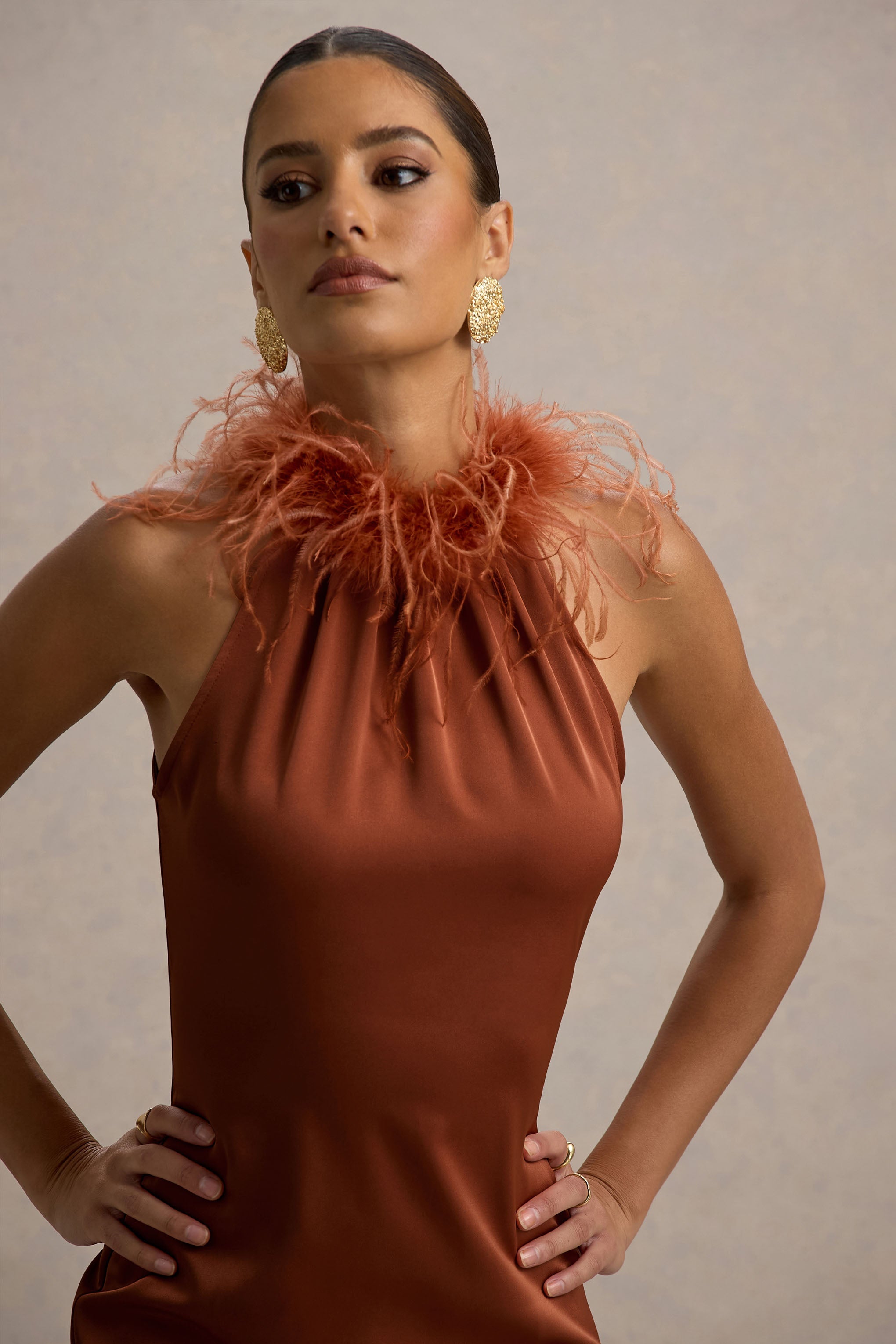 Bianca | Rust Satin Feather-Trim Maxi Dress