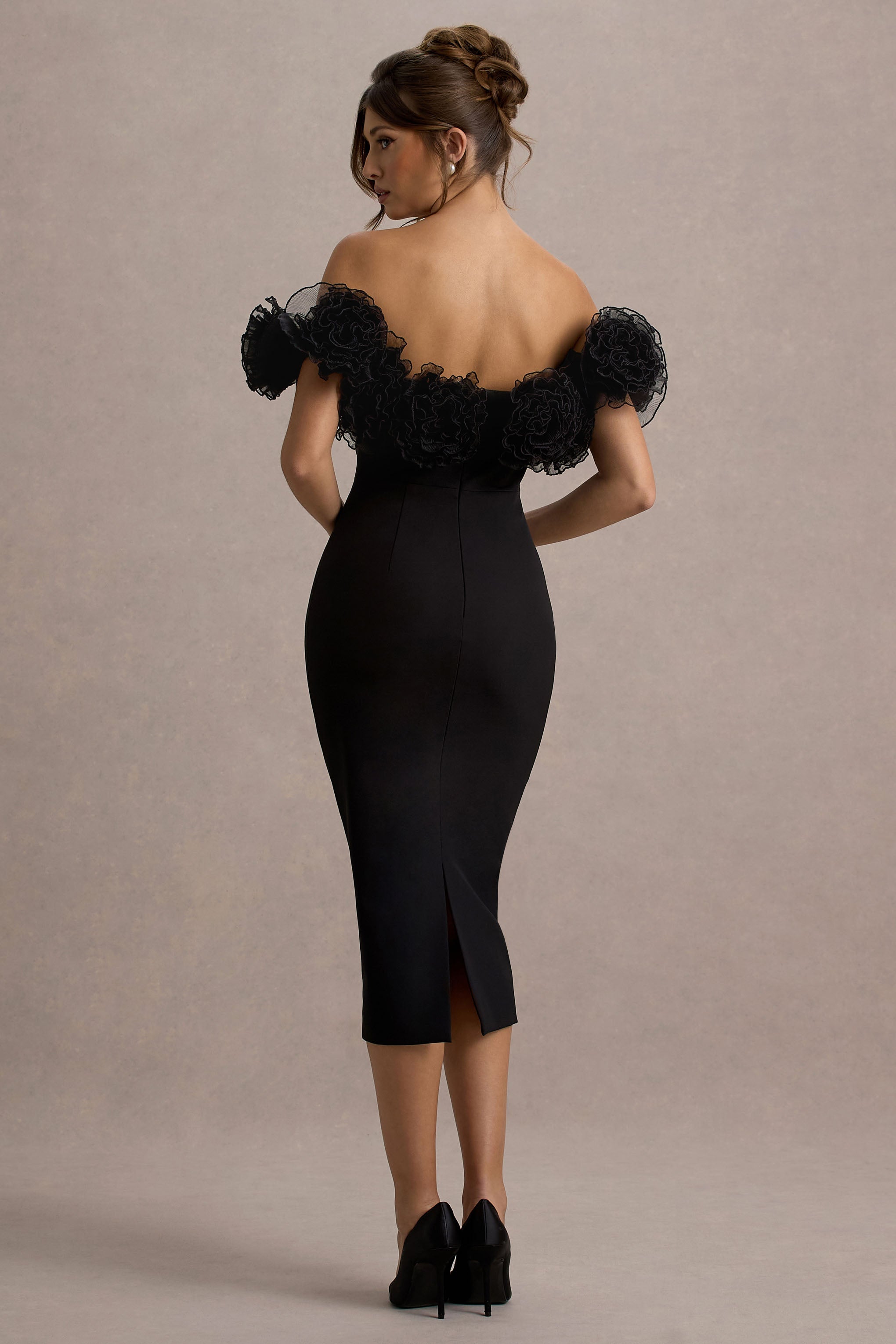 Alizzi | Black Bardot Midi Dress With Ruffle Trim