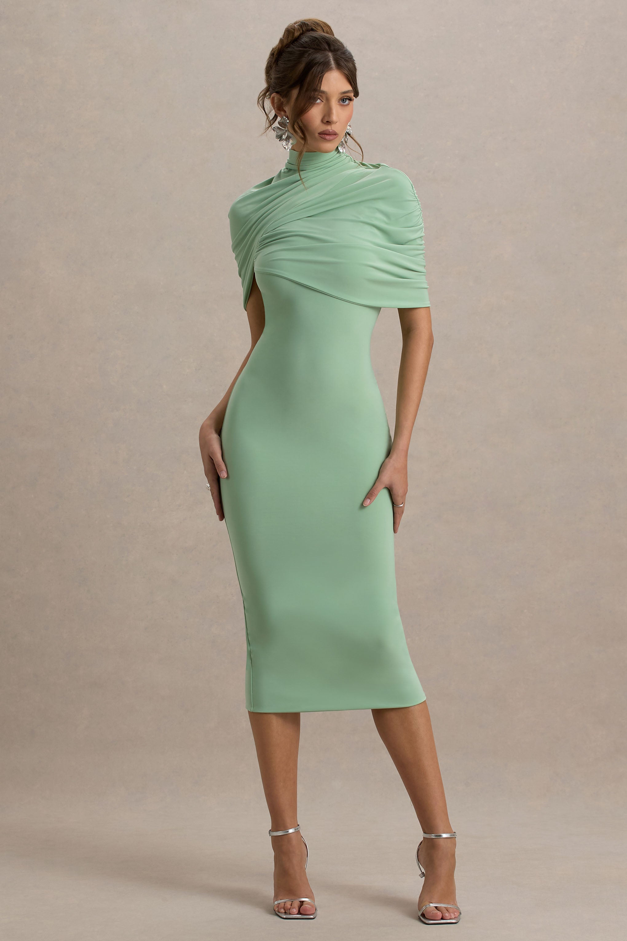Cecille | Light Green Midi Dress With Cape Sleeve Detail